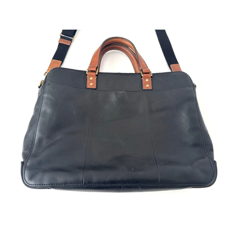 Fossil Defender Briefcase Black Leather Top Handles Crossbody Strap Double Zip